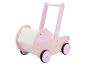 Roze houten poppenwagen met zwarte wielen