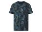 Donkerblauw heren T-shirt met tropisch bladpatroon.