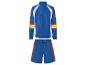 Blauwe trainingspak met gekleurde panelen: jack en short.