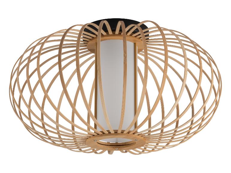 Een ronde, houten hanglamp met een wit glazen lampenkap.