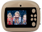 Beige digitale camera met scherm waarop kinderen met confetti spelen.
