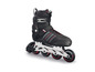 Zwarte inline skates met rode accenten.