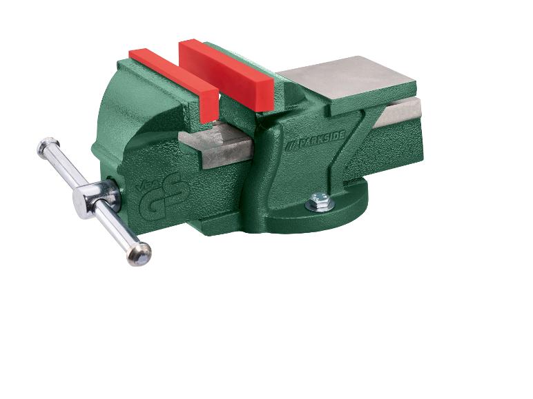 Groene bankschroef met rode kussens, Parkside merk.