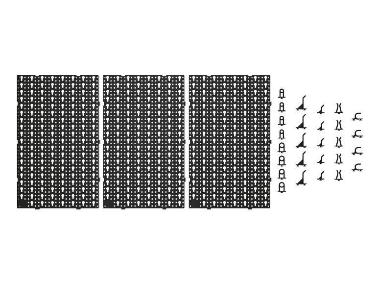 Trois panneaux muraux noirs avec différents crochets