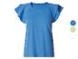 Blauw T-shirt met korte mouwen, geplooide schouders en ronde hals, met kleurstalen ernaast.