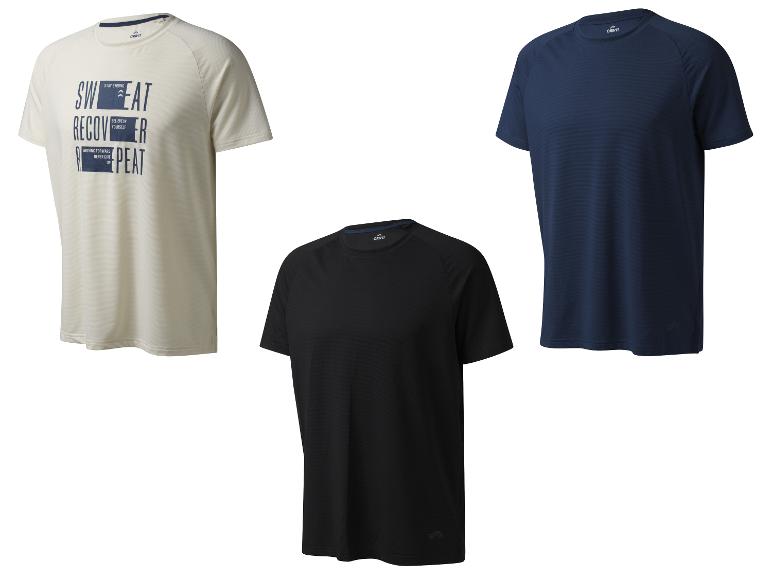 Trois t-shirts Crivit : un beige avec un imprimé, un noir et un bleu marine.