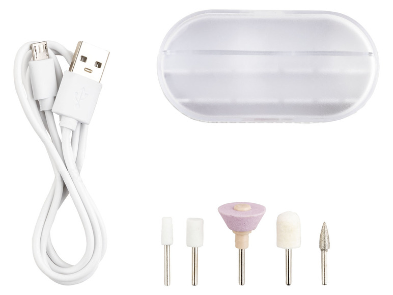 Câble USB, boîte de rangement et différents embouts pour une lime à ongles électrique.