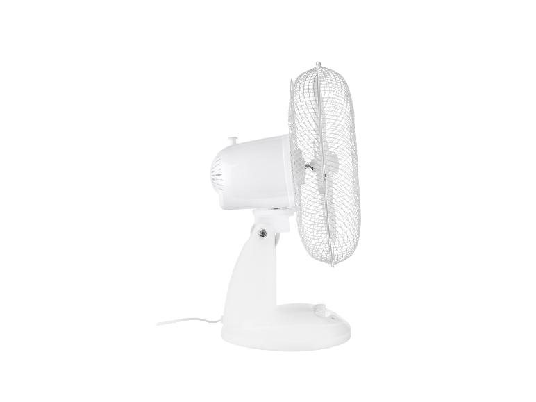 Witte tafelventilator met metalen beschermrooster.