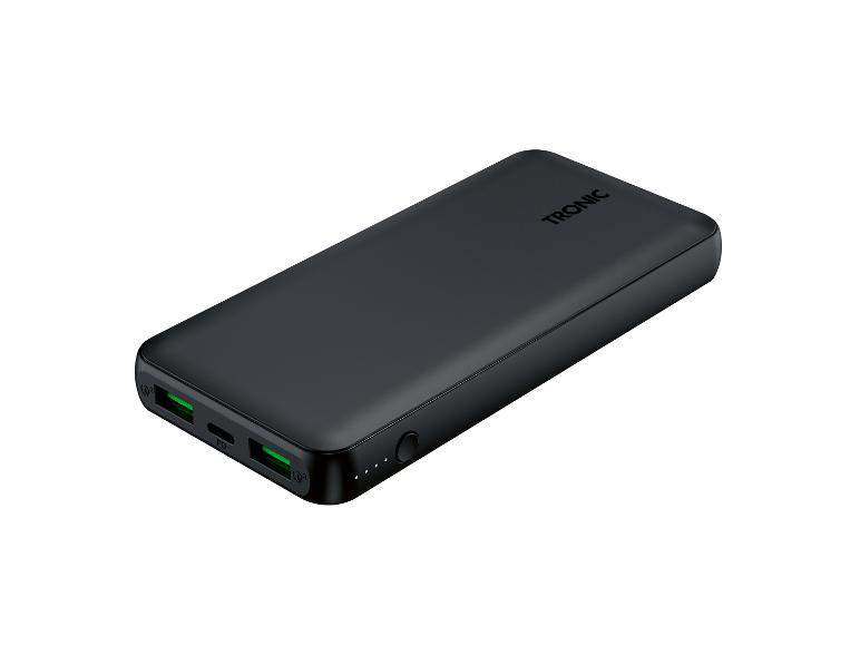 Batterie externe noire avec deux ports USB et un indicateur de charge.