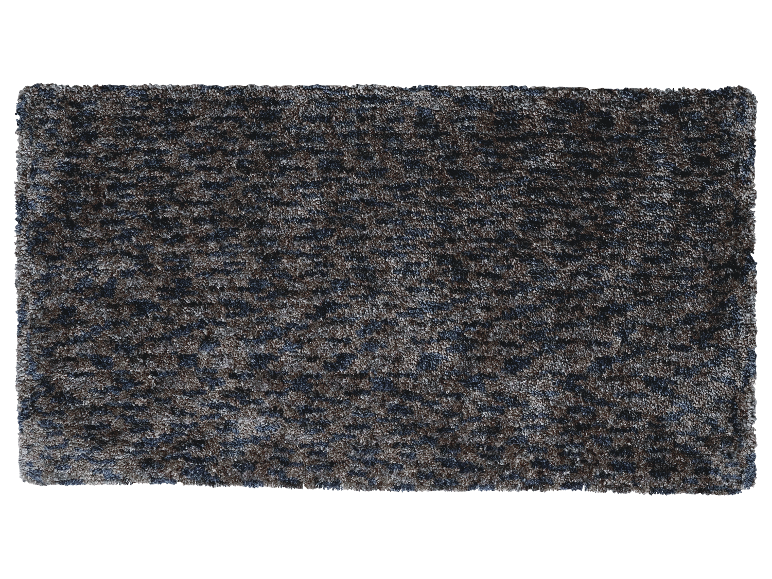 Tapis rectangulaire en poils longs, tons gris et bleus.