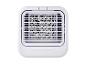 Vue de dessus d'un climatiseur portable blanc avec ventilateur et grille visibles