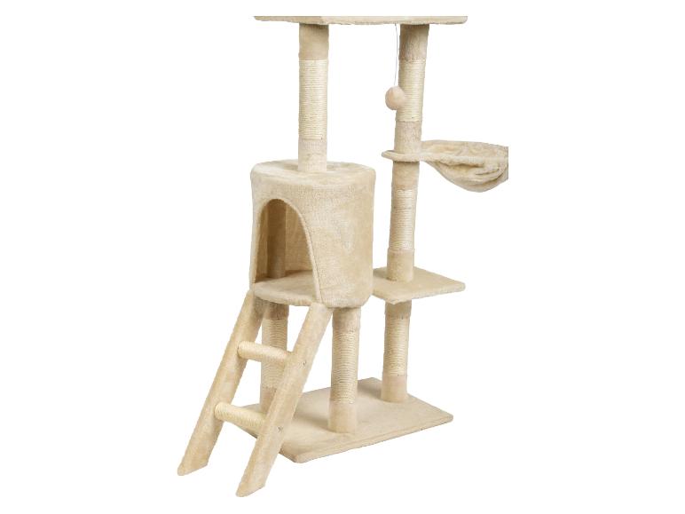 Tour à chat beige avec plateforme, hamac et griffoir.