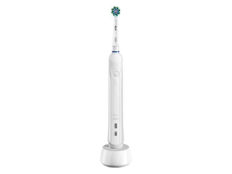 Een elektrische tandenborstel van Oral-B Braun op een oplaadstation.