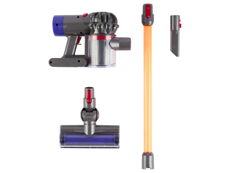 Een draadloze stofzuiger met een verlengbuis, een borstelkop en een spleetmondstuk.