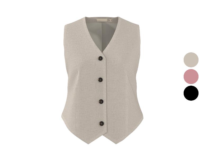 Dames linnen gilet met knopen in beige, roze en zwart.