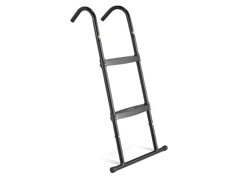 Een zwarte ladder met twee treden voor een trampoline.