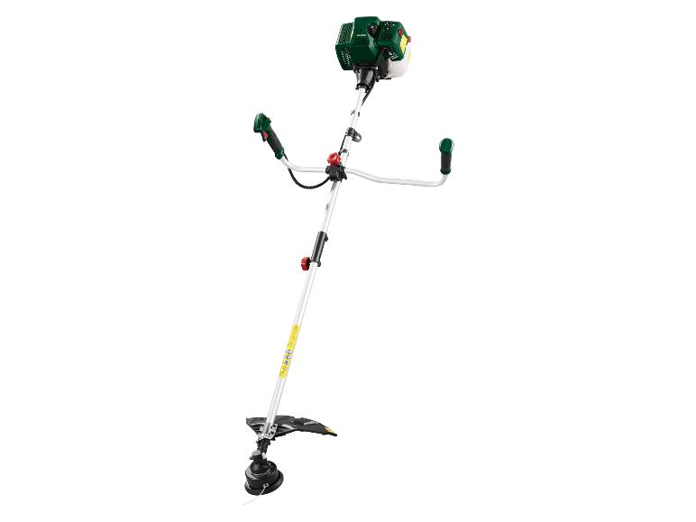 Benzine bosmaaier met groene motor en zwarte snijkop.