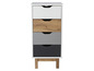 Een witte kast met vier lades, waaronder een lade met houtlook.
