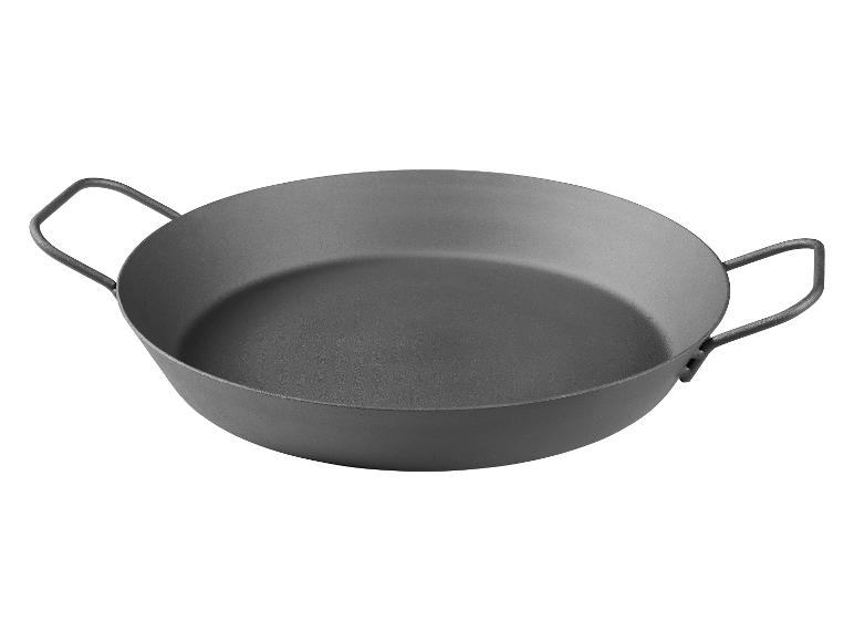 Poêle à frire gris foncé avec deux poignées sur fond blanc.