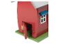 Rood houten poppenhuis met open deur en blauw raam