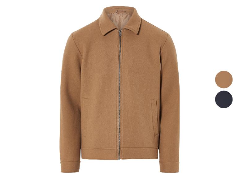 Een bruine wollen jas met ritssluiting.