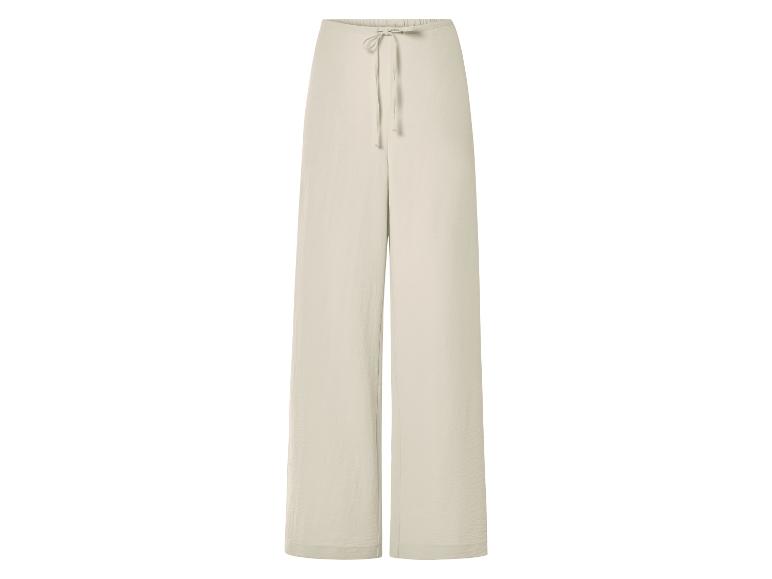 Beige lange broek met hoge taille en trekkoord.