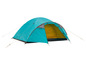 Een turquoise campingtent met gele binnenkant.