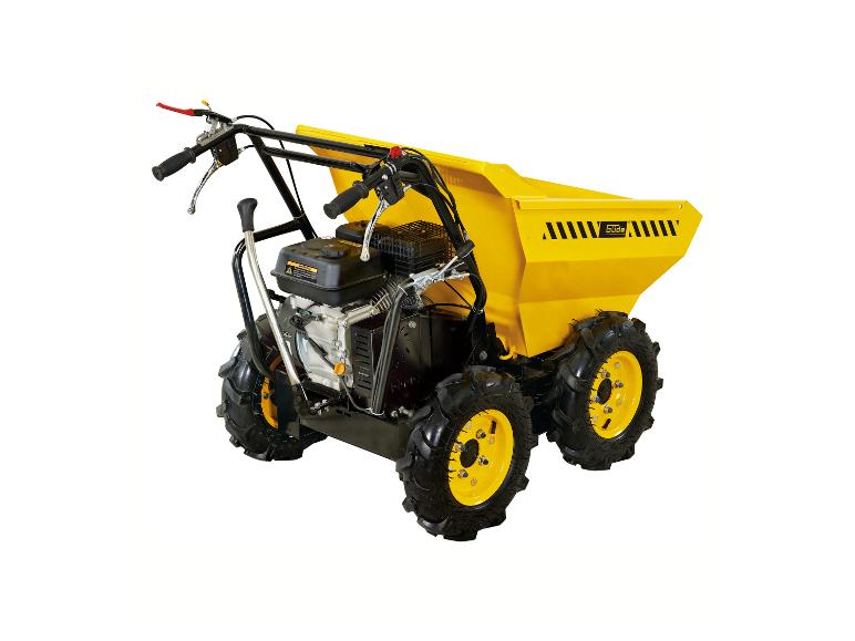 Mini-dumper Güde jaune à quatre roues avec moteur.