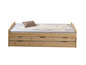Un lit en bois avec quatre tiroirs.