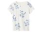 Wit T-shirt met blauwe hondenmotieven op een skateboard.