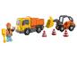 Houten speelgoed: kiepwagen, shovel en werkman.