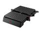 Zwarte elektrische paninigrill met geribbelde platen en stroomindicatielampjes.