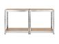 Modulaire metalen rekken met houten planken, witte achtergrond.