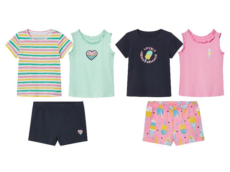 Ensemble de vêtements d'été pour filles : t-shirts rayés et à imprimés glaces, shorts assortis.