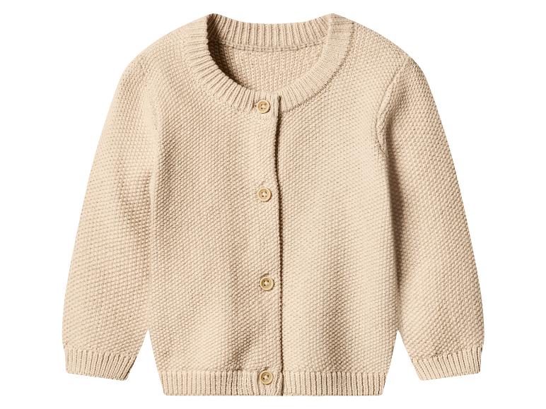 Cardigan bébé en maille beige avec boutons.