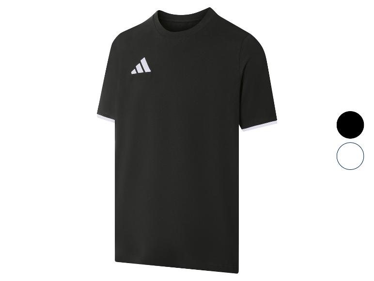 T-shirt de sport noir à manches courtes avec détails blancs.