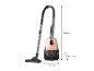 Aspirateur beige et noir avec tuyau et buse, dimensions indiquées.