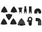 Assortiment d'accessoires pour outils oscillants, comprenant des patins de ponçage, un grattoir, des lames de scie et un adaptateur d'extraction de poussière.