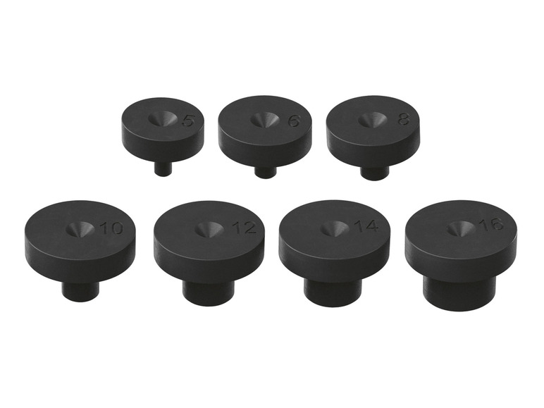 Zes zwarte ronde schijven met verschillende maten voor het aanpassen van de hoogte van meubels.