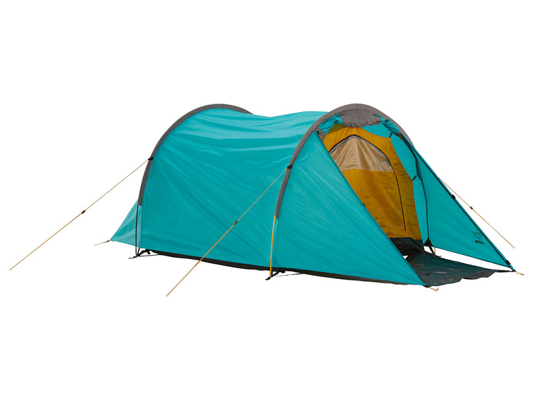 Une tente turquoise avec des accents jaunes et un auvent.