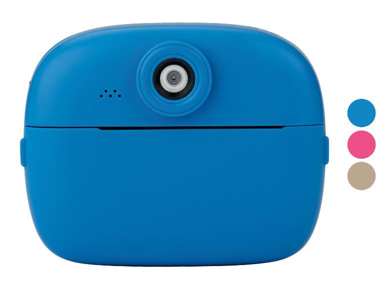 Blauwe kindercamera met ingebouwde printer en kleuropties.