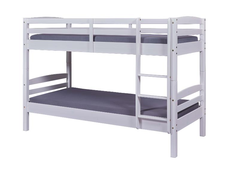 Lit superposé blanc avec matelas gris.