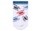 Chaussette blanche avec motif d'araignées noires, rouges et bleues, et rayures bleues sur le bord.