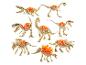 Une collection de jouets squelettes de dinosaures avec des dos orange lumineux.