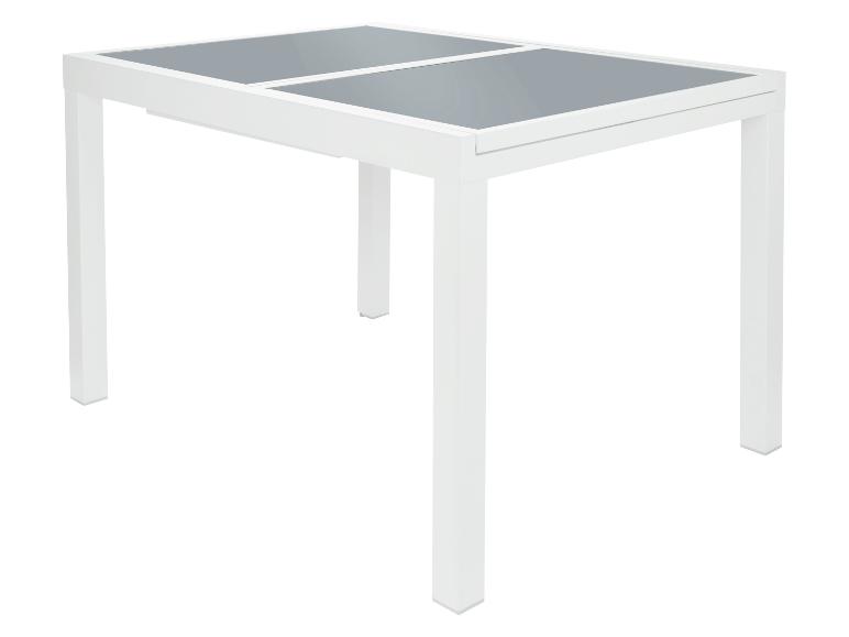 Witte uitklapbare tafel met grijs glazen blad.