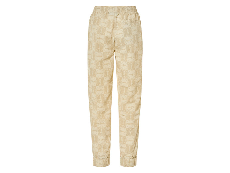 Beige broek met Lidl-print.