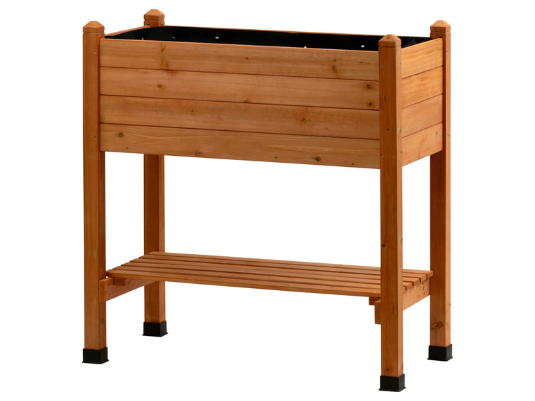 Een houten plantenbak met een plankje