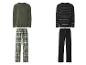 Deux ensembles de pyjama : un haut vert uni avec un pantalon à carreaux verts et un haut rayé noir avec un pantalon noir.