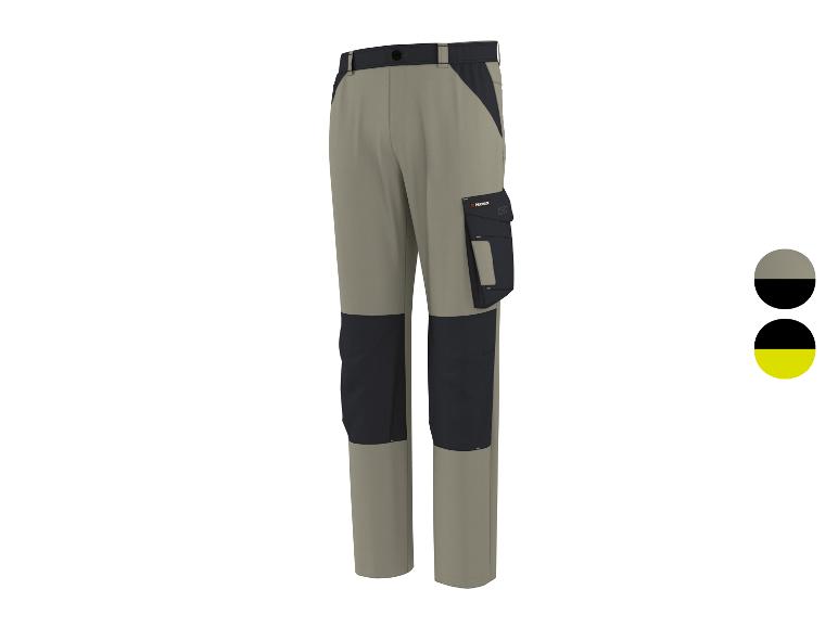 Pantalon de travail beige et noir avec poches, avec échantillons de couleur beige/noir et noir/jaune.
