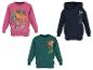 Drie kinderhoodies: roze met dinosaurus en hond, groen met dinopatroon en marineblauw met logo.